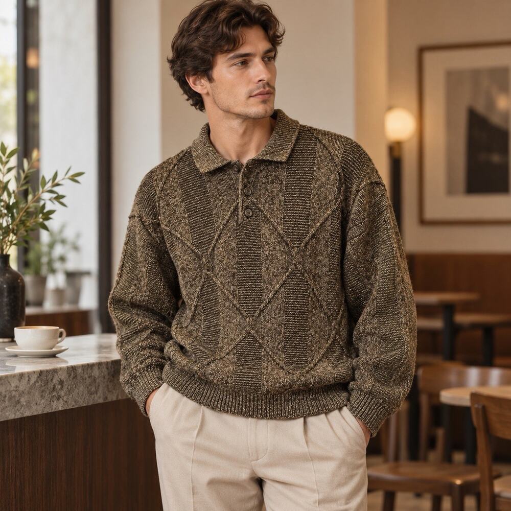Vintage 90s Pierre Cardin Paris Men’s L Wool Blend Argyle Polo Sweater Grandpa